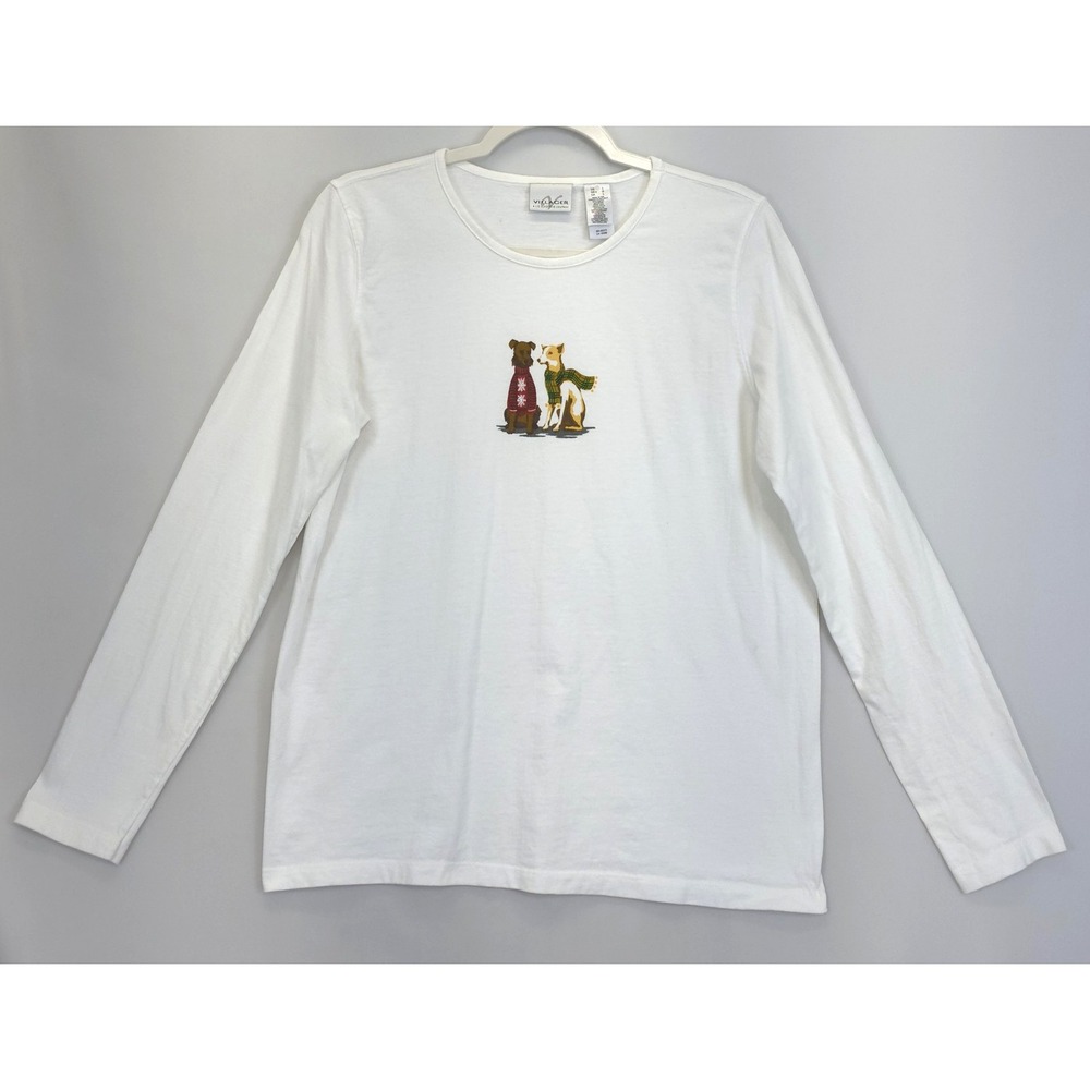 Villager Shirt Women L White Long Sleeve Dog‎ Print Winter Graphic Crewneck